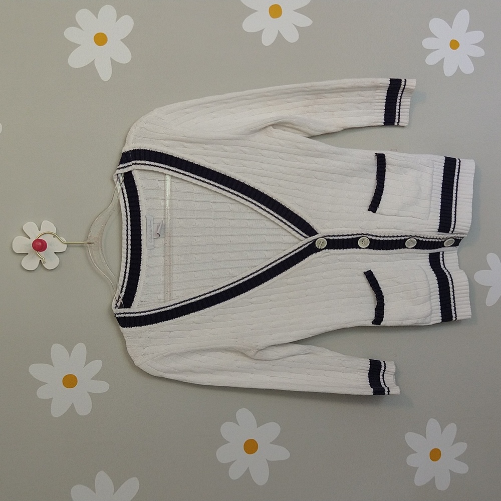 Charlotte Russe White & Navy Preppy Sailor Cotton Button-Down Pocket Cardigan - Picture 1 of 10